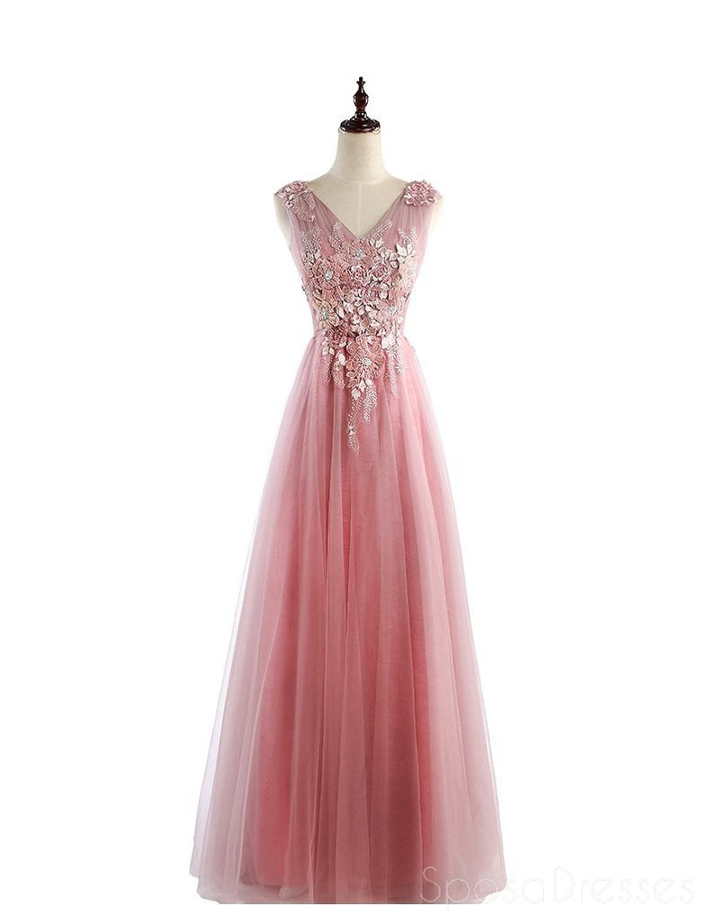 Two Straps V Neckline Pink Lace Beaded Unique Long Evening Prom Dresses, Popular Party Prom Dresses, Custom Long Prom Dresses, Cheap Formal Prom Dresses, 17220
