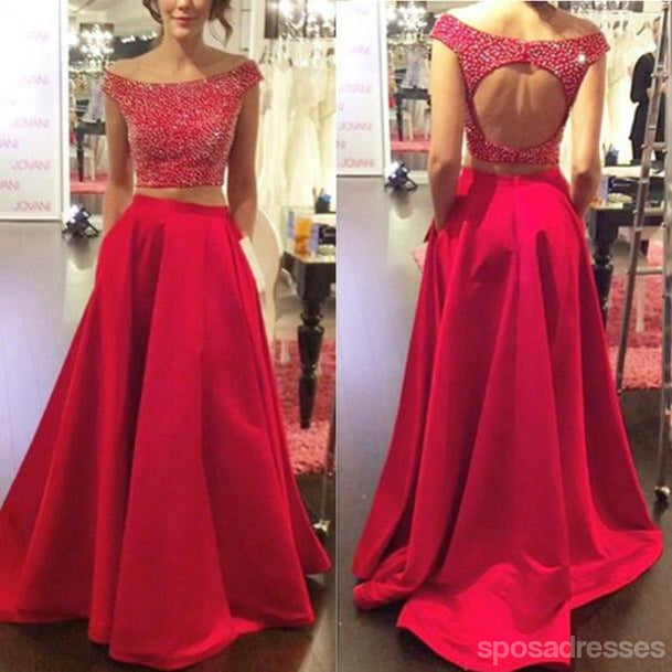 Two Pieces Backless Red Long Prom Dresses, Sexy Evening Prom Dress, Beaded Evening Prom Dress, Dresses For Prom, Custom Prom Dresses 2017, 17011