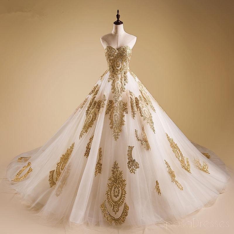 Sweetheart Gold Lace A-line Long Evening Prom Dresses, Cheap Custom Sweet 16 Dresses, 18527
