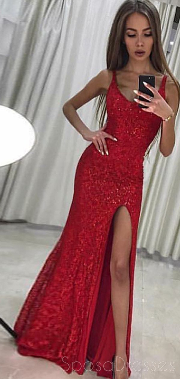 Sparkly Red Side Slit Lace Mermaid Long Evening Prom Dresses, Cheap Sw – SposaDresses Sparkly Red Side Slit Lace Mermaid Long Evening Prom Dresses, Cheap Sw – SposaDresses