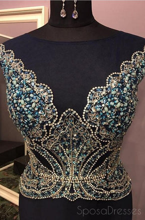 Navy Mermaid Delicate Beading Scoop Neckline Long Evening Prom Dresses, Popular Cheap Long 2018 Party Prom Dresses, 17285