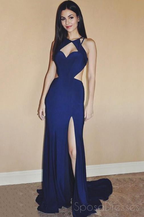 Sexy Cheap Backless Side Slit Royal Blue Mermaid Long Evening Prom Dresses, 17390