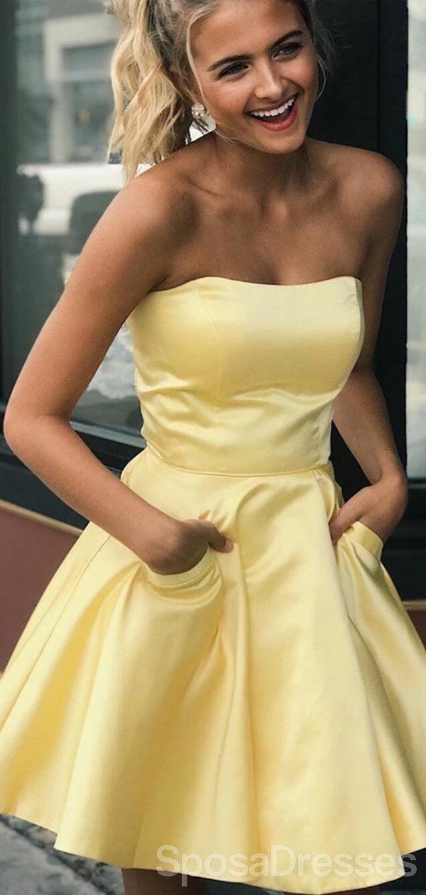 Strapless Yellow Satin Cheap Short Homecoming Dresses Online, Cheap Sh SposaDresses Strapless Yellow Satin Cheap Short Homecoming Dresses Online, Cheap Sh SposaDresses