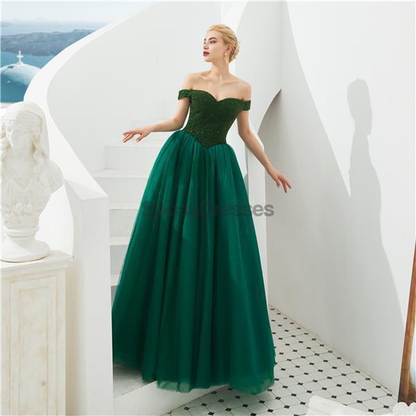 Emerald Green Off Shoulder A-line Long Evening Prom Dresses, Evening Party Prom Dresses, 12129