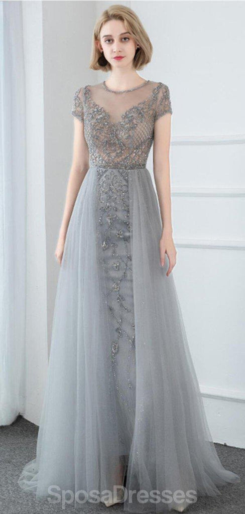Short Sleeve Heavily Beaded Grey Long Cheap Evening Prom Dresses, Evening Party Prom Dresses, 12327
