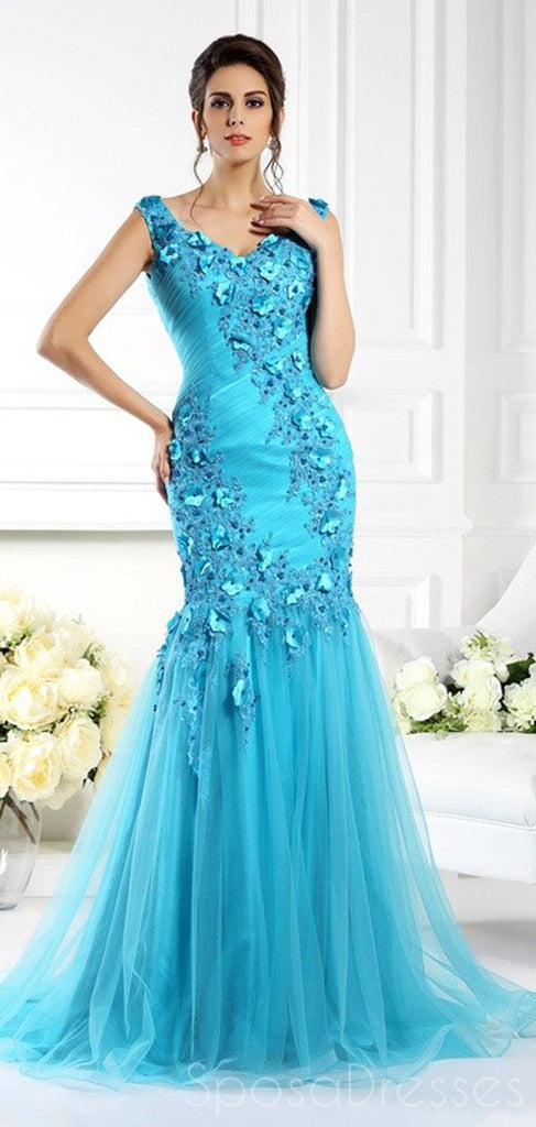 Sexy Mermaid Sleeveless Blue Long Prom Dresses, Sweet 16 Prom Dresses, 12355
