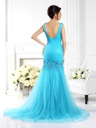 Sexy Mermaid Sleeveless Blue Long Prom Dresses, Sweet 16 Prom Dresses, 12355