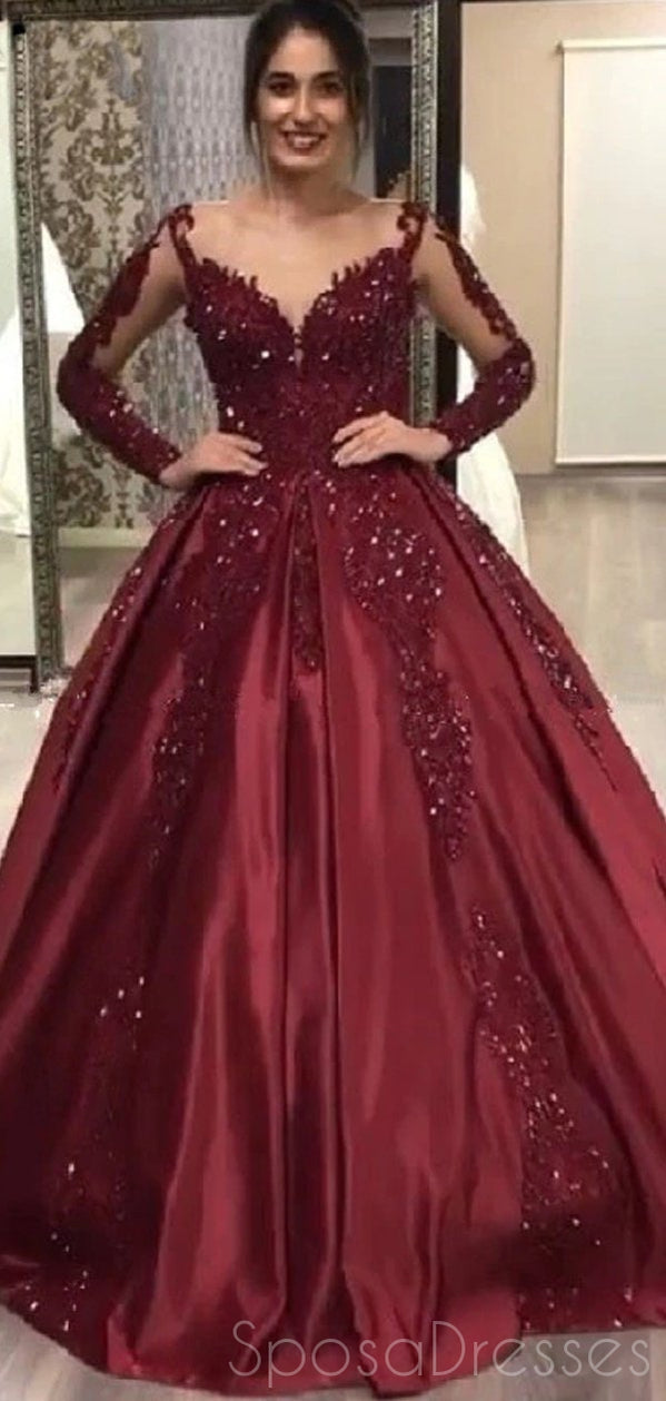 Burgundy Long Sleeves Applique Prom Dresses, Sweet 16 Ball Gown Dresse SposaDresses Burgundy Long Sleeves Applique Prom Dresses, Sweet 16 Ball Gown Dresse SposaDresses