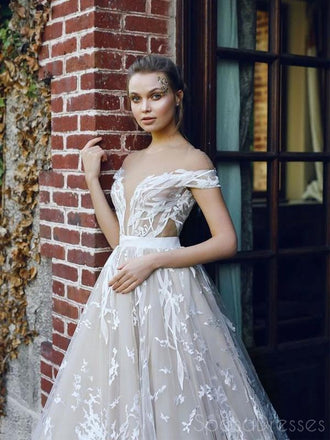 A-line Deep V Neck Off The Shoulder Prom Dresses, Sweet 16 Prom Dresses, 12466