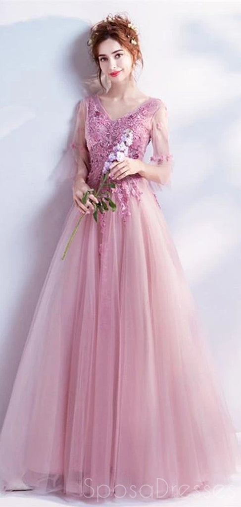 A-line Applique V Neck Long Sleeves Prom Dresses, Sweet 16 Prom Dresses, 12472