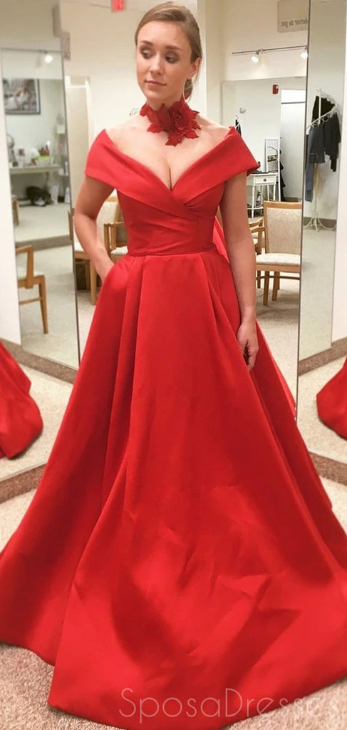 Red A-line V Neck Off The Shoulder Prom Dresses, Sweet 16 Prom Dresses, 12477