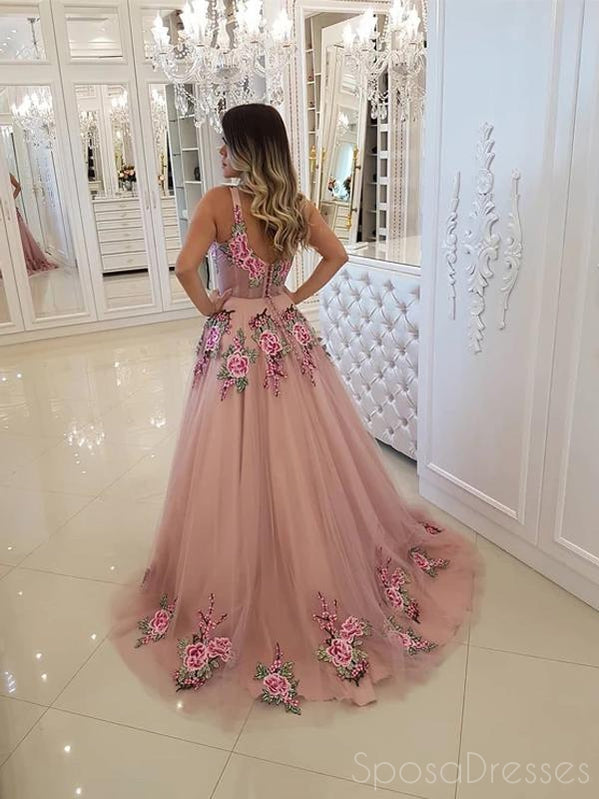 Pink A-line Applique Sleeveless V Neck Prom Dresses, Sweet 16 Prom Dresses, 12480