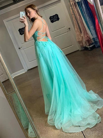 Tulle A-line Side Slit Halter Long Prom Dresses, Sweet 16 Prom Dresses, 12488