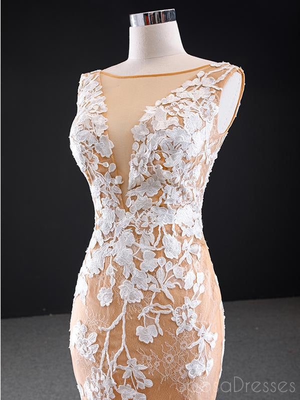 Mermaid Lace Applique Sleeveless Long Prom Dresses, Sweet 16 Prom Dresses, 12496