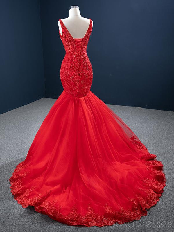 Mermaid Red Sleeveless Beading Prom Dresses, Sweet 16 Prom Dresses, 12507