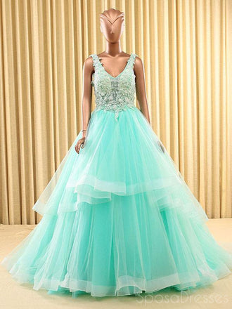 Simple A-line V Neck Applique Prom Dresses, Sweet 16 Prom Dresses, 12508