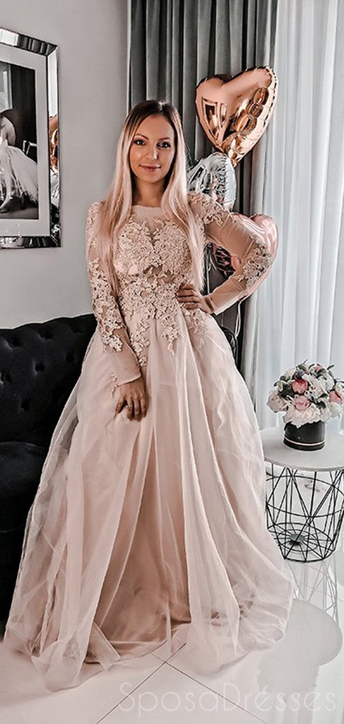 A-line Long Sleeves Applique Long Prom Dresses, Sweet 16 Prom Dresses, 12514
