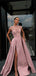 A-line High Side Slit Satin Long Prom Dresses, Sweet 16 Prom Dresses, 12522
