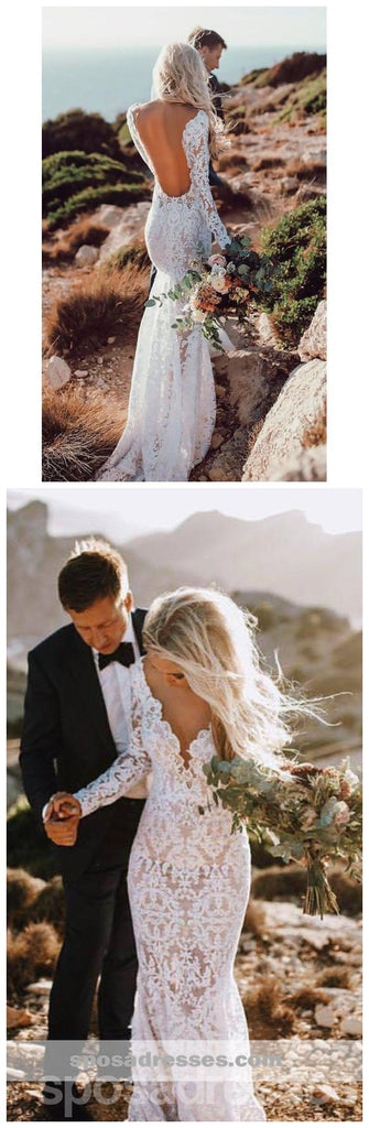Sexy Backless Lace Mermaid Cheap Wedding Dresses Online, Long Sleeves Bridal Dresses, WD441