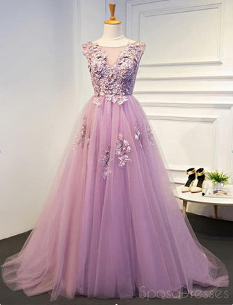 Pink Lace Beaded A line Tulle Evening Prom Dresses, Cheap Party Prom Dresses, 17142