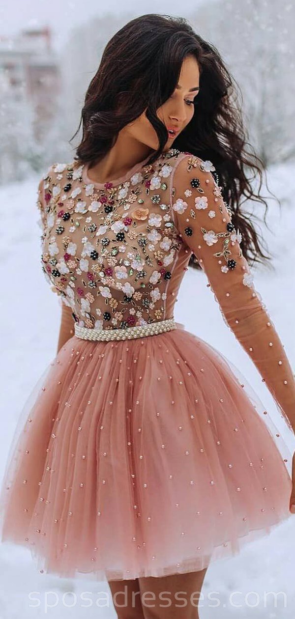 peach homecoming dress Long Sleeves Beaded Peach Homecoming Dresses Online, Cheap Short Prom – SposaDresses