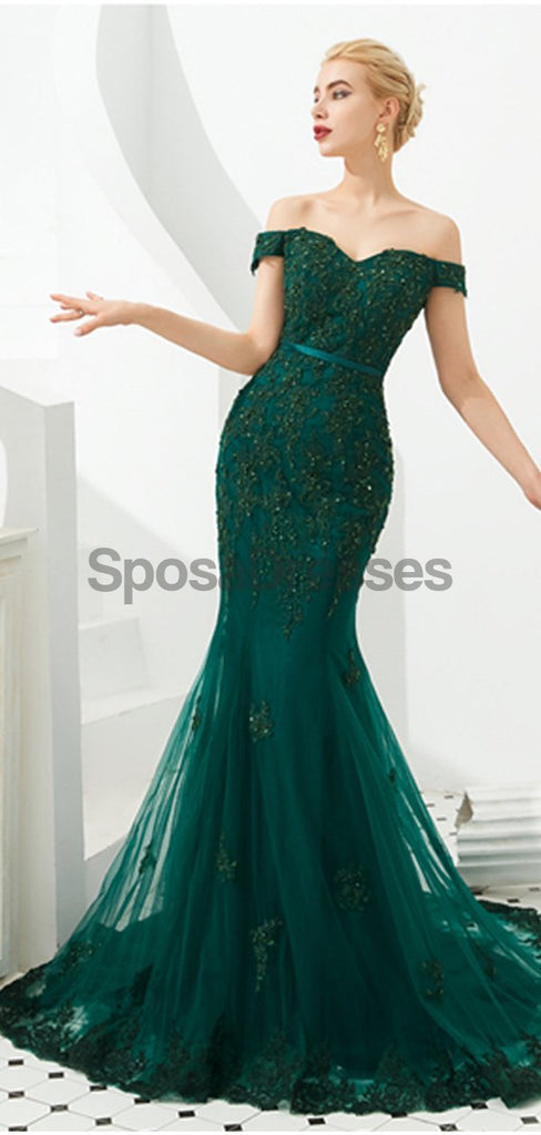 Emerald Green Lace Applique Mermaid Evening Prom Dresses, Evening Party Prom Dresses, 12128