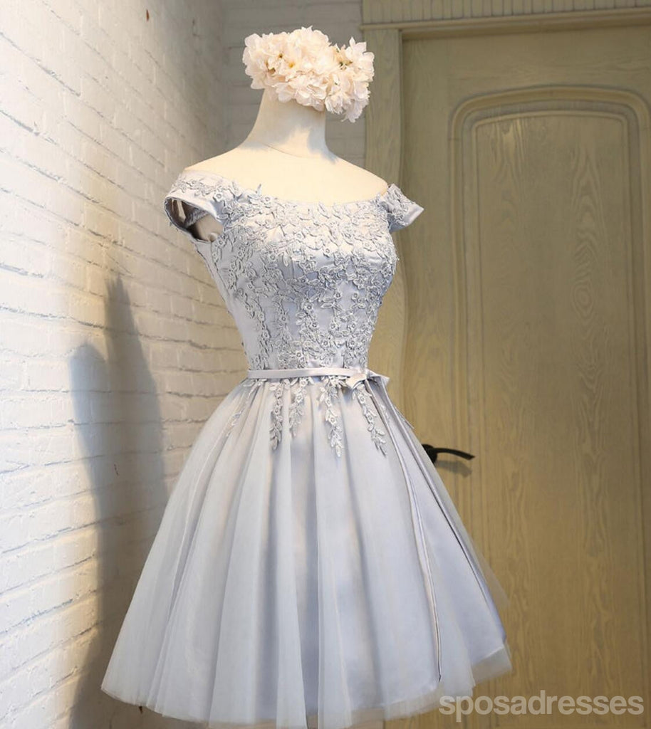 Short Sleeve Scoop Neckline Gray Lace Cute Homecoming Prom Dresses, Affordable Short Party Prom Sweet 16 Dresses, Perfect Homecoming Cocktail Dresses, CM337