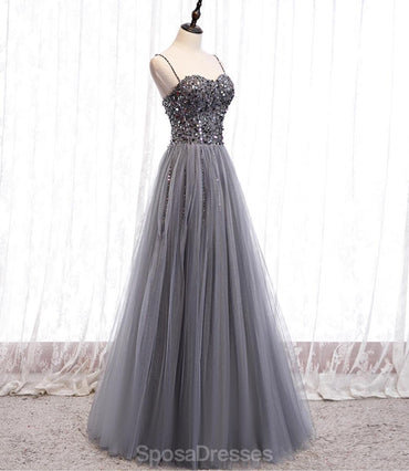 Spaghetti Straps Grey Rhinestone Beaded A-line Long Evening Prom Dresses, Evening Party Prom Dresses, 12330