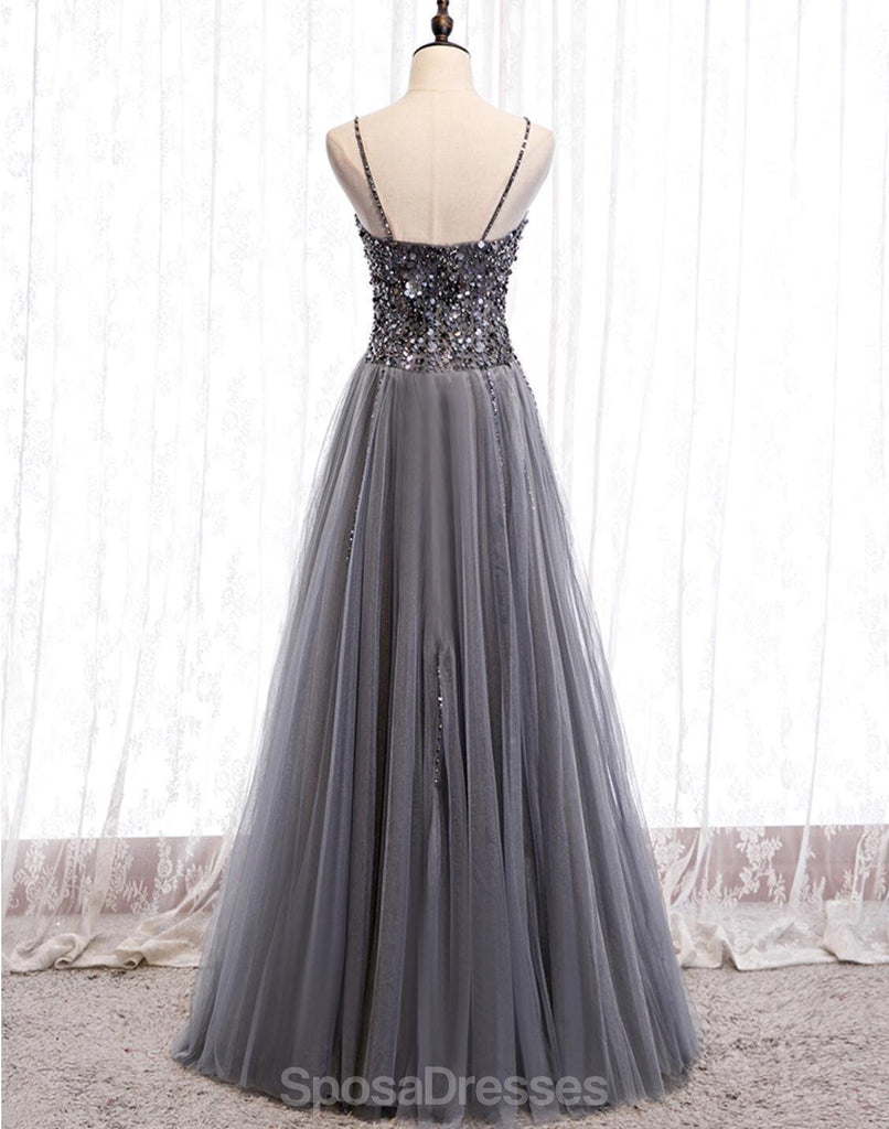Spaghetti Straps Grey Rhinestone Beaded A-line Long Evening Prom Dresses, Evening Party Prom Dresses, 12330