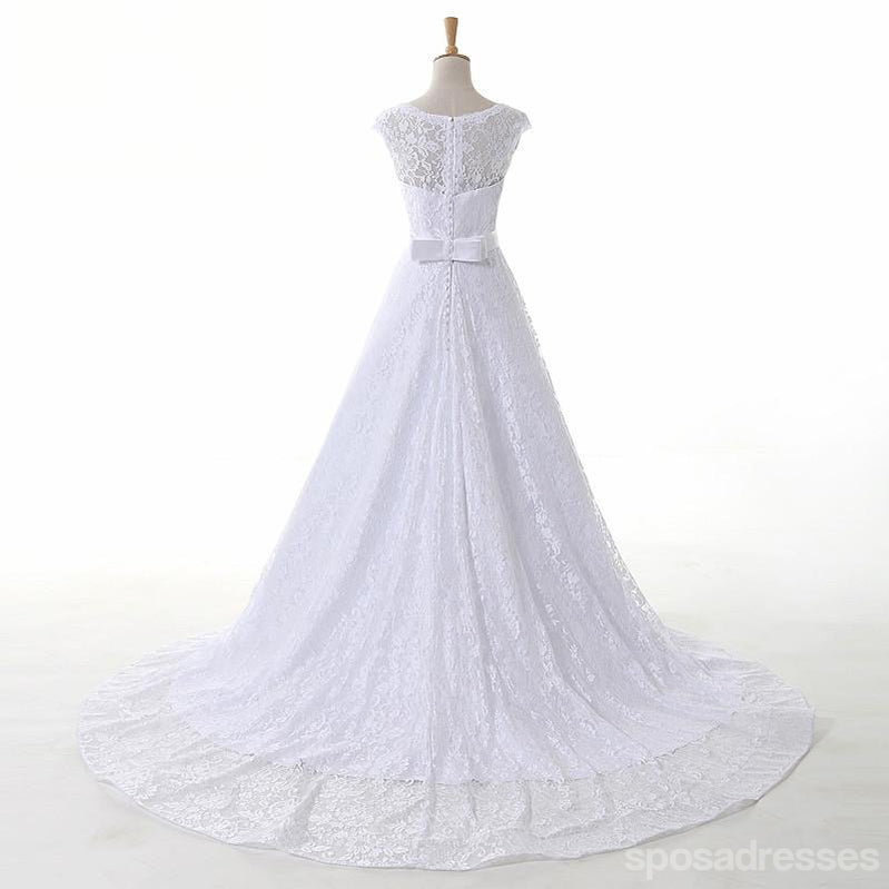 White Scoop Neckline Lace A line Wedding Bridal Dresses, Custom Made Wedding Dresses, Affordable Wedding Bridal Gowns, WD253