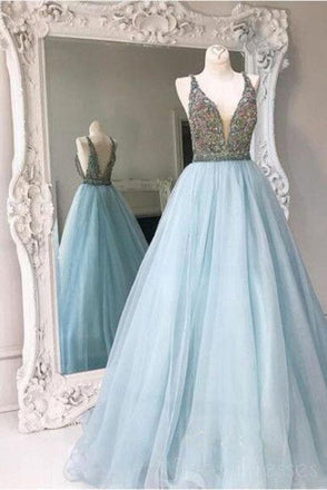 Light Blue Backless A line Evening Prom Dresses, Sexy Deep V neckline Party Prom Dress, 17048