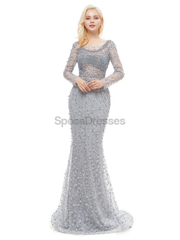 Long Sleeves Lace Beaded Mermaid Evening Prom Dresses, Evening Party Prom Dresses, 12045