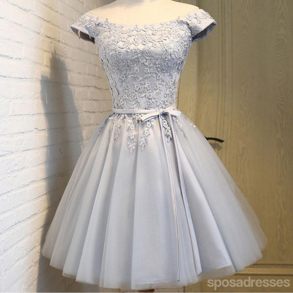 Short Sleeve Scoop Neckline Gray Lace Cute Homecoming Prom Dresses, Affordable Short Party Prom Sweet 16 Dresses, Perfect Homecoming Cocktail Dresses, CM337