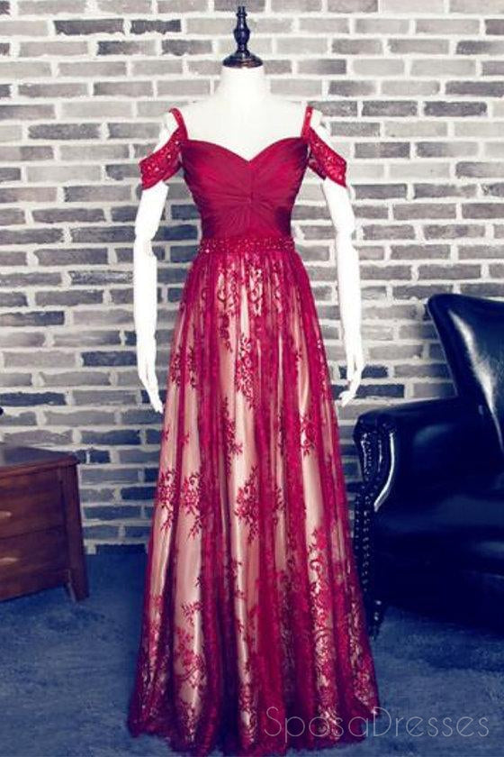 2018 Off Shoulder Dark Red Lace Cheap Long Evening Prom Dresses, 17502