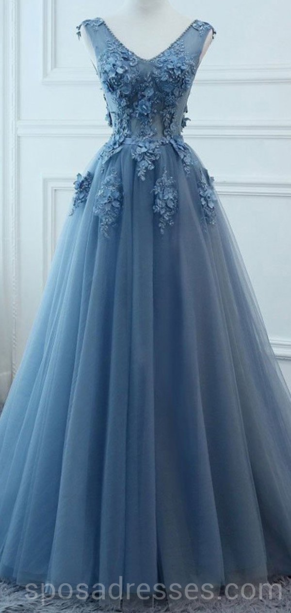 V Neck Dusty Blue Lace Beaded Long Evening Prom Dresses, Cheap Custom – SposaDresses V Neck Dusty Blue Lace Beaded Long Evening Prom Dresses, Cheap Custom – SposaDresses