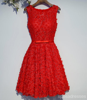 Red Lace Beaded Round Neckline Homecoming Prom Dresses, Affordable Corset Back Short Party Prom Dresses, Perfect Homecoming Dresses, CM253