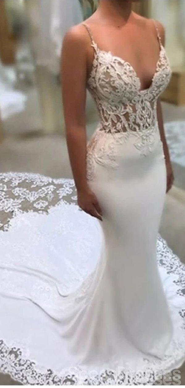 mermaid wedding dress spaghetti straps Spaghetti Straps Tulle With Lace Mermaid Wedding Dress With Train C0029, Ivory