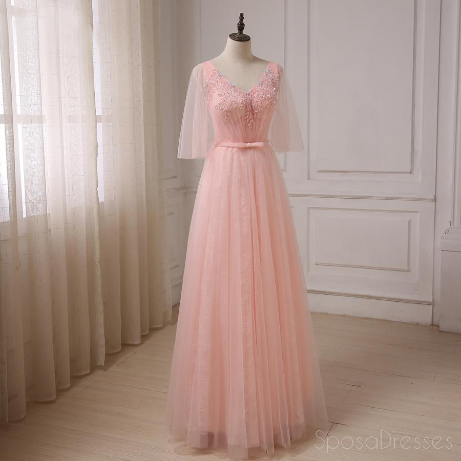 Peach Tulle Beaded Short Sleeve Long Evening Prom Dresses, Popular Cheap Long 2018 Party Prom Dresses, 17245