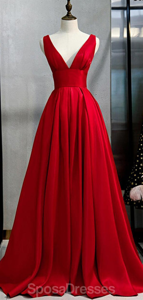 V Neck Simple Red A-line Long Evening Prom Dresses, Evening Party Prom Dresses, 12332