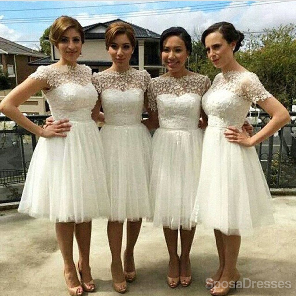 Beautiful Cap Sleeve White Tulle Knee Length Bridesmaid Dresses,  WG140