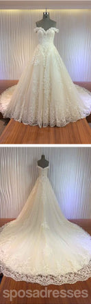 Gorgeous Off Shoulder Sweetheart Zip Up Long A-line Lace Wedding Dresses, WD0148