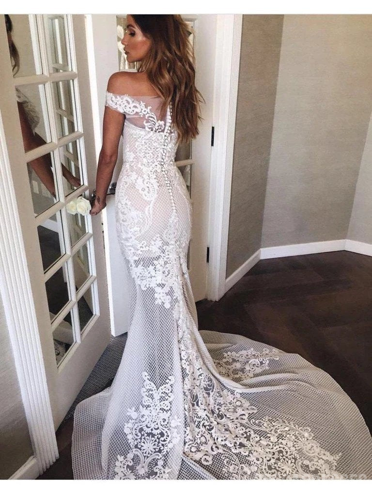 Off Shoulder Lace Mermaid Wedding Dresses, Cheap Wedding Gown, WD685