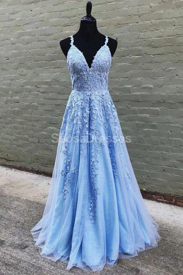 Cheap Blue Lace A-line Long Evening Prom Dresses, Evening Party Prom D ...