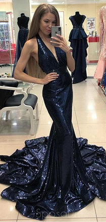 Sparkly Sequin Mermaid Navy Halter Long Evening Prom Dresses, Cheap Sweet 16 Dresses, 18439