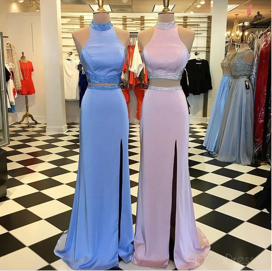 Sexy Two Pieces Side Slit Halter Long Evening Prom Dresses, Popular Cheap Long 2018 Party Prom Dresses, 17287
