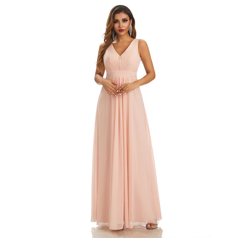Pink A-line Straps V-neck Cheap Chiffon Long Bridesmaid Dresses,WG1608