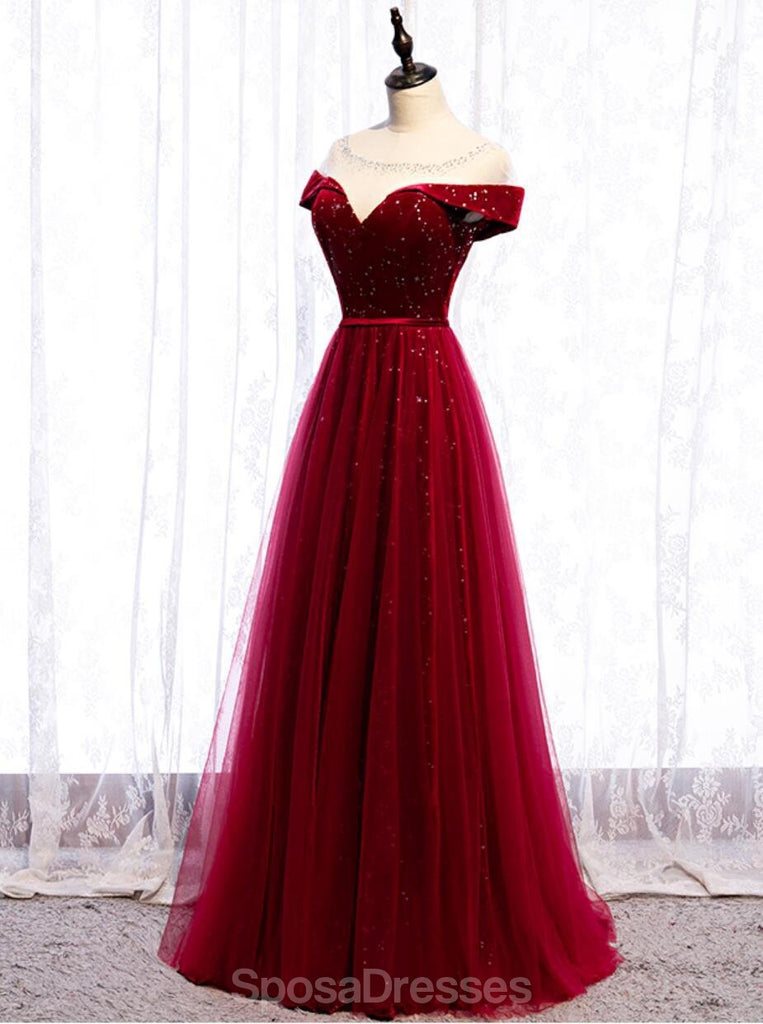 Cap Sleeve Red Sparkly Tulle Long Cheap Evening Prom Dresses, Evening Party Prom Dresses, 12329