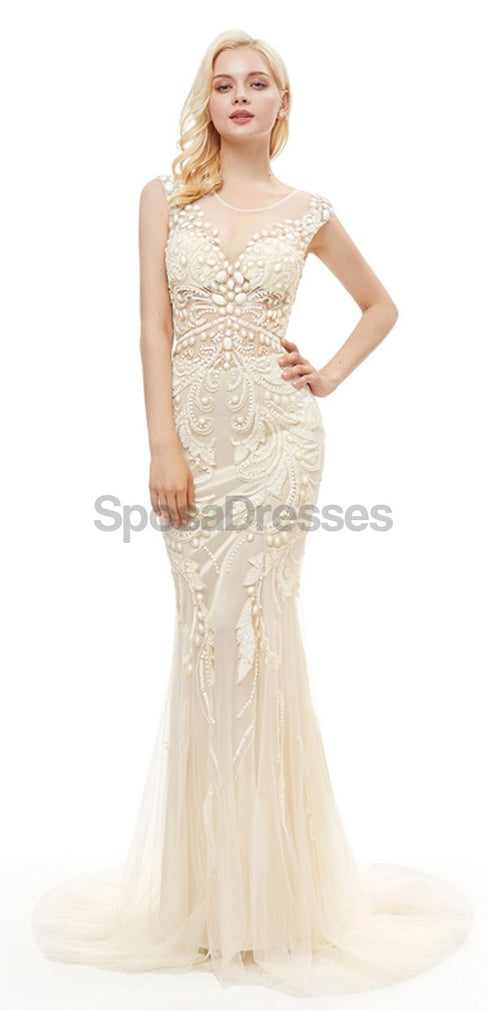 Off White Seen Through Scoop Lace Beaded Mermaid Evening Prom Dresses, Evening Party Prom Dresses, 12048