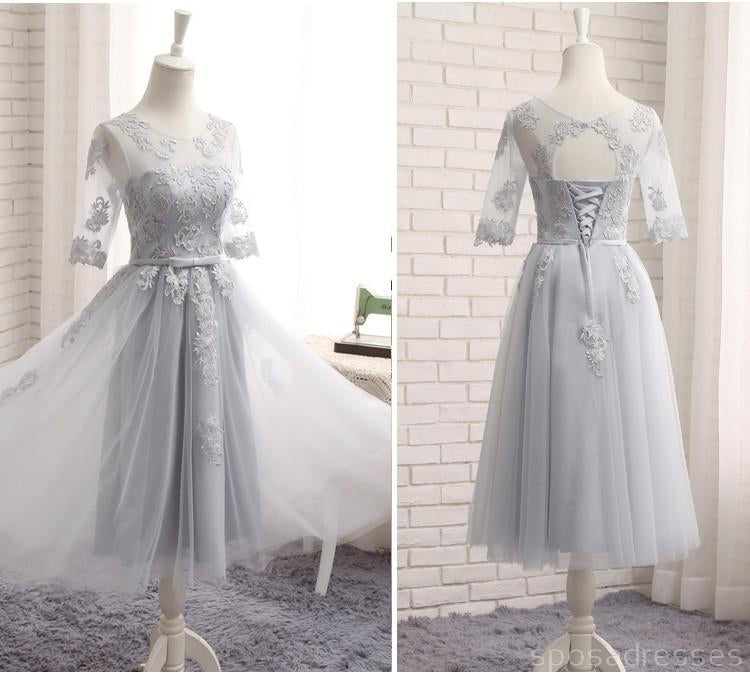 Long Sleeve Gray Lace A line Long Bridesmaid Dresses, Bridesmaid Dresses, BD020
