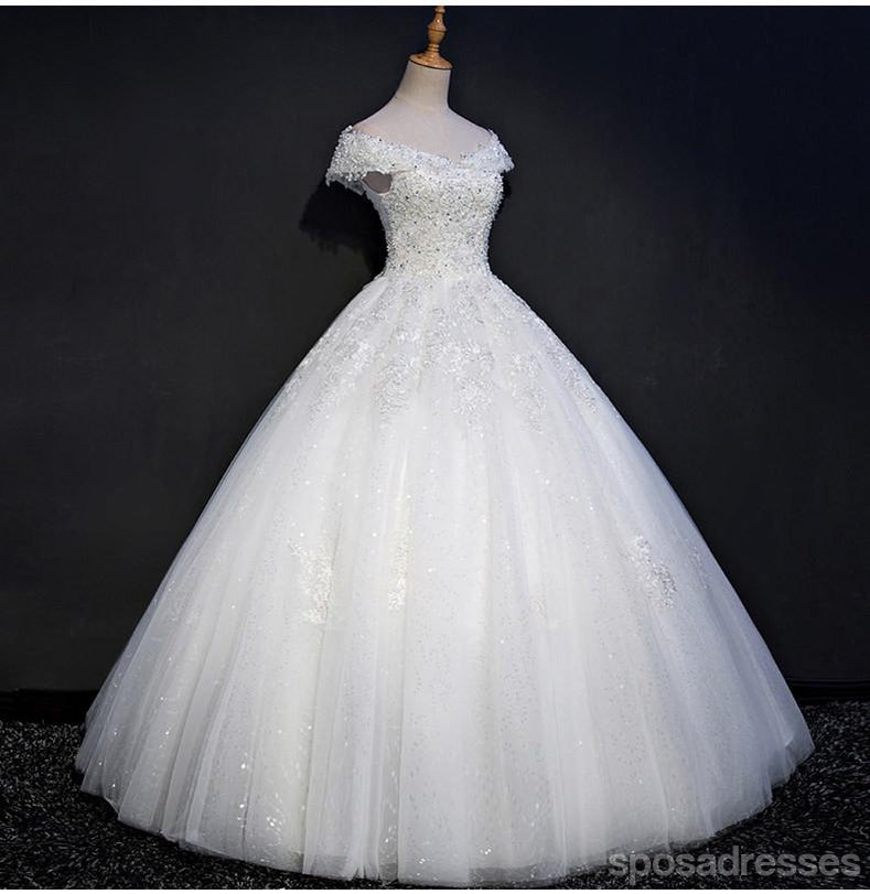 Cap Sleeve Lace Beaded A line Wedding Dresses, Custom Made Wedding Dre ...